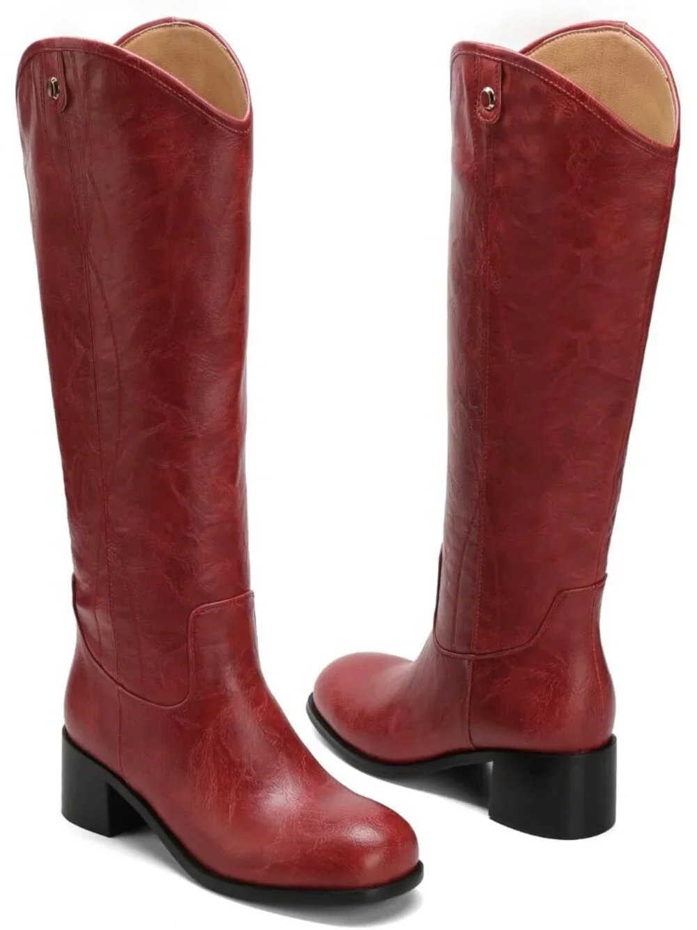 Women's Red Square Toe Chunky Block Heel Casual Campus Tall Boots Western - Picture 4 of 6
